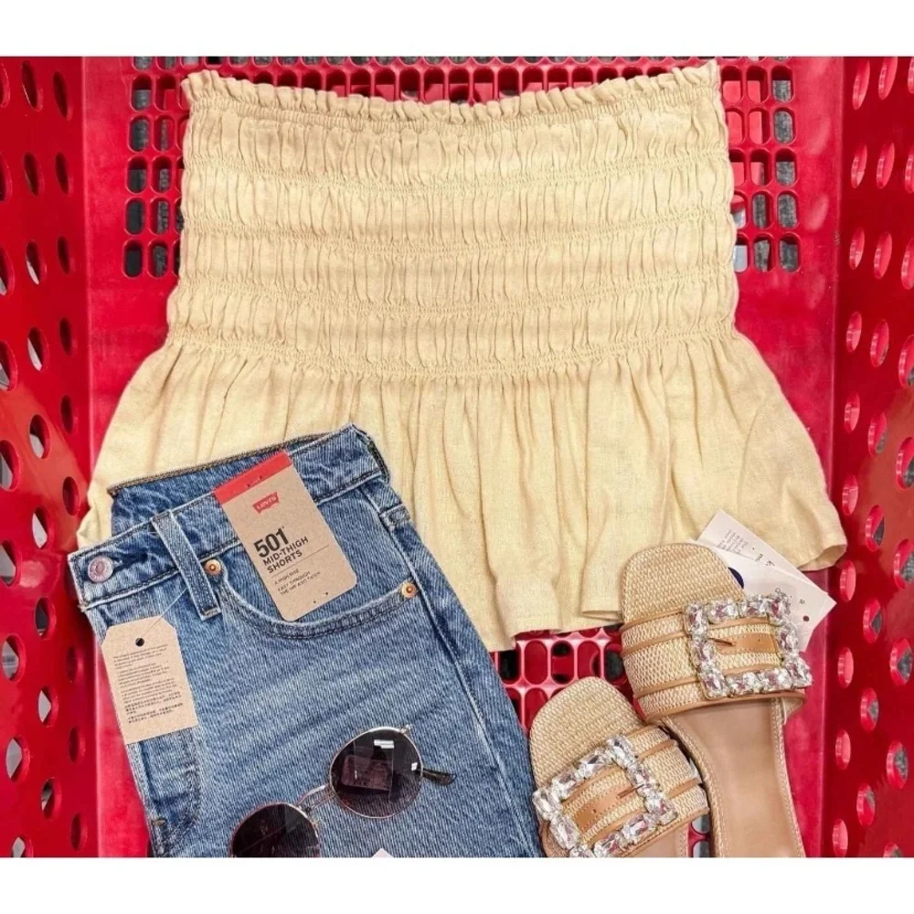 Kelsey Rhinestone Buckle Slide Sandals A New Day Tan Square Toe, Block Heel - Picture 5 of 9